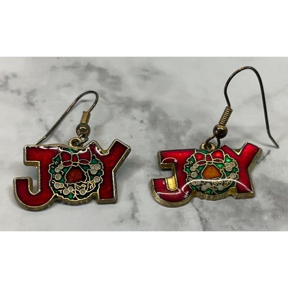 Vintage Joy Christmas Wreath Earrings Red Enamel Holiday Jewelry - Picture 5 of 5